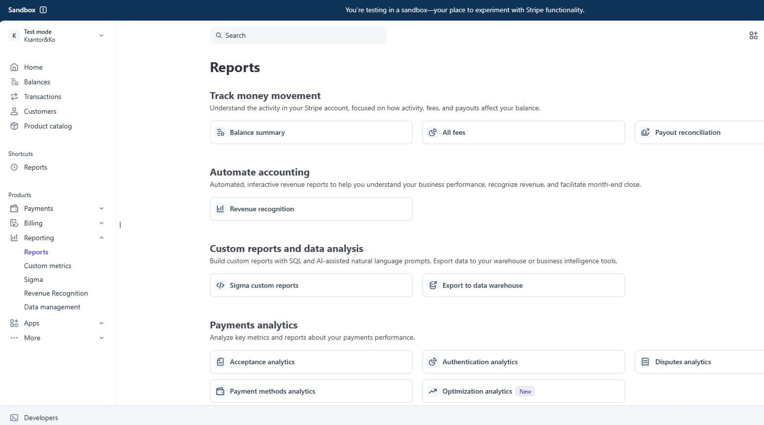 Stripe Dashboard Reports page showing Balance summary, All fees, and Payout reconciliation